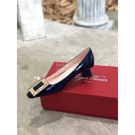 Roger Vivier Fashion Patent Leather Gold Square Buckle High Heels Blue