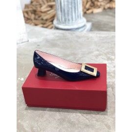 Roger Vivier Fashion Patent Leather Gold Square Buckle High Heels Blue