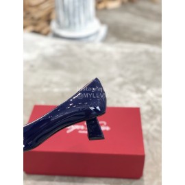 Roger Vivier Fashion Patent Leather Gold Square Buckle High Heels Blue