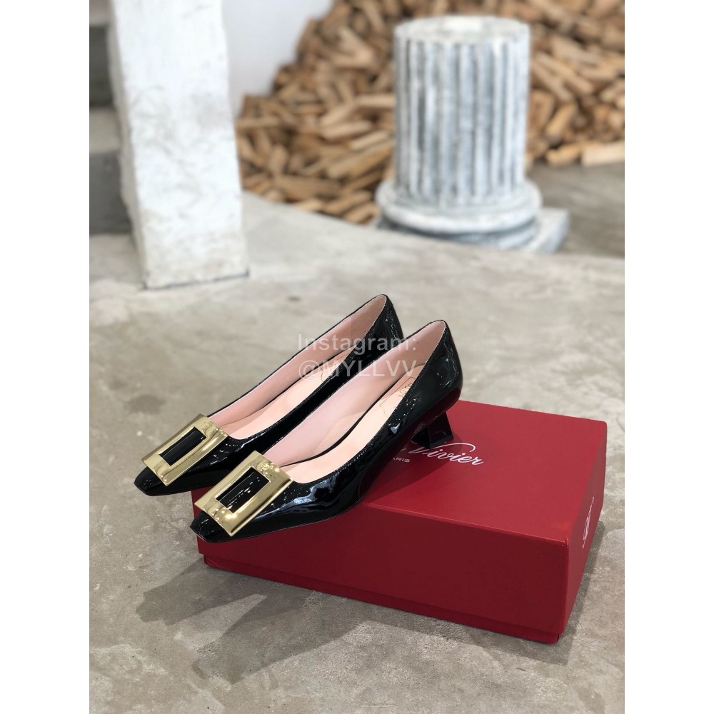 Roger Vivier Fashion Patent Leather Gold Square Buckle High Heels Black