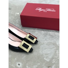Roger Vivier Fashion Patent Leather Gold Square Buckle High Heels Black