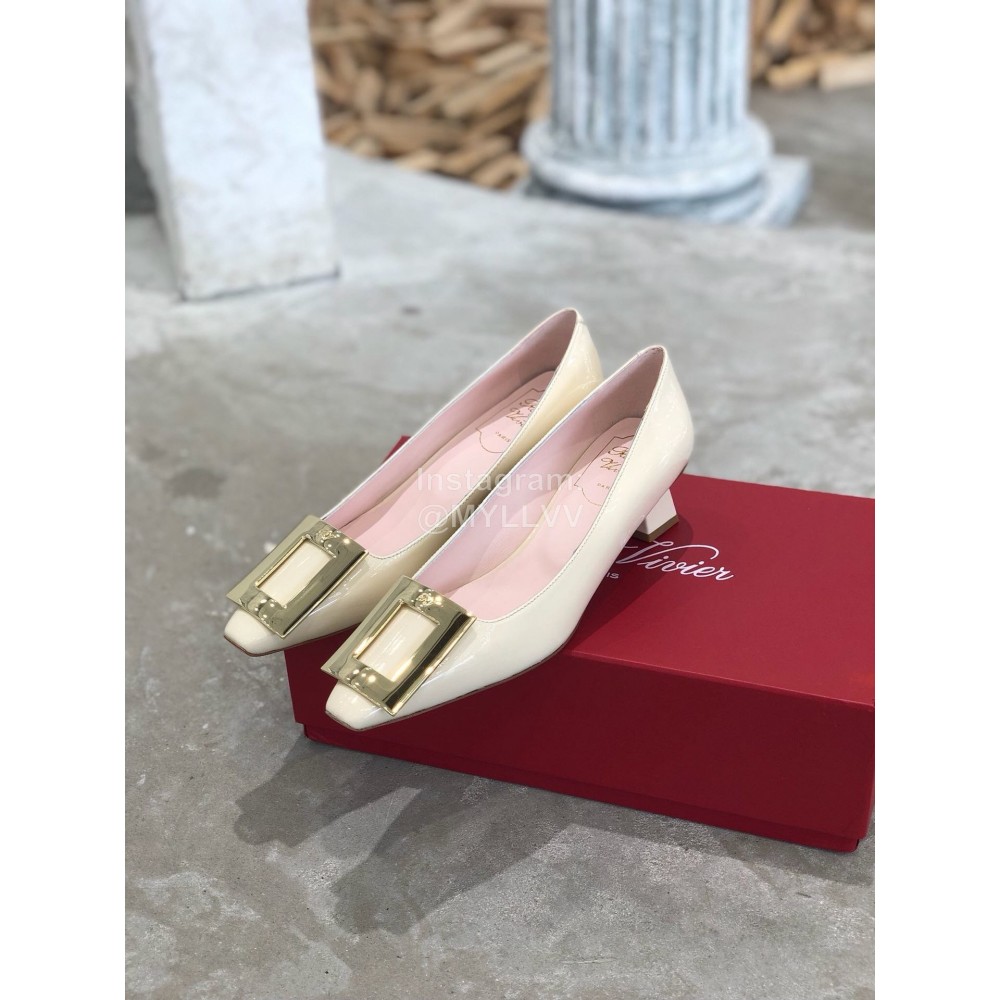 Roger Vivier Fashion Patent Leather Gold Square Buckle High Heels White