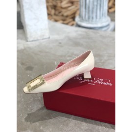 Roger Vivier Fashion Patent Leather Gold Square Buckle High Heels White