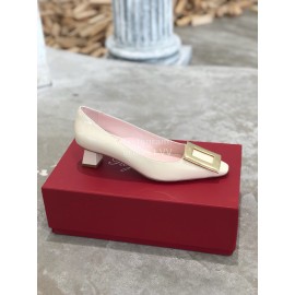 Roger Vivier Fashion Patent Leather Gold Square Buckle High Heels White