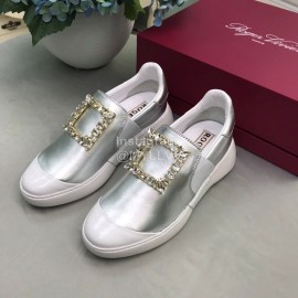 Roger Vivier Spring Summer Diamond Square Buckle Leather Casual Shoes Silver