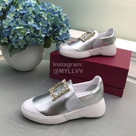 Roger Vivier Spring Summer Diamond Square Buckle Leather Casual Shoes Silver