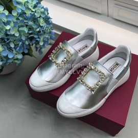 Roger Vivier Spring Summer Diamond Square Buckle Leather Casual Shoes Silver