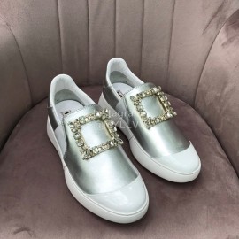 Roger Vivier Spring Summer Diamond Square Buckle Leather Casual Shoes Silver