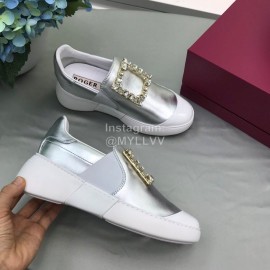Roger Vivier Spring Summer Diamond Square Buckle Leather Casual Shoes Silver