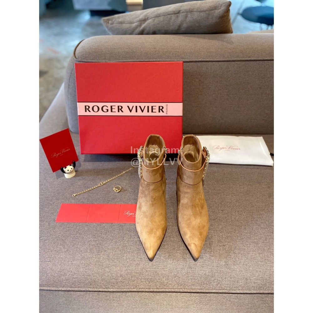 Roger Vivier New Diamond Square Buckle Pointed High Heel Boots Brown