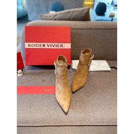 Roger Vivier New Diamond Square Buckle Pointed High Heel Boots Brown