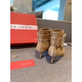 Roger Vivier New Diamond Square Buckle Pointed High Heel Boots Brown