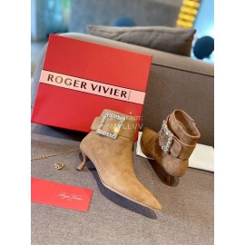 Roger Vivier New Diamond Square Buckle Pointed High Heel Boots Brown
