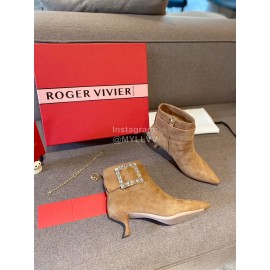Roger Vivier New Diamond Square Buckle Pointed High Heel Boots Brown
