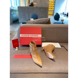 Roger Vivier New Diamond Square Buckle Pointed High Heel Boots Brown