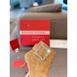 Roger Vivier New Diamond Square Buckle Pointed High Heel Boots Brown