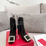 Roger Vivier New Diamond Square Buckle Patent Leather High Heel Boots Black