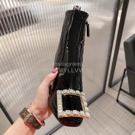 Roger Vivier New Diamond Square Buckle Patent Leather High Heel Boots Black