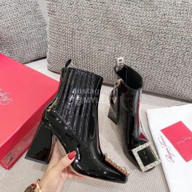 Roger Vivier New Diamond Square Buckle Patent Leather High Heel Boots Black