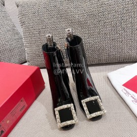 Roger Vivier New Diamond Square Buckle Patent Leather High Heel Boots Black