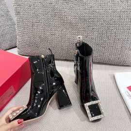 Roger Vivier New Diamond Square Buckle Patent Leather High Heel Boots Black