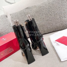 Roger Vivier New Diamond Square Buckle Patent Leather High Heel Boots Black