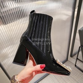 Roger Vivier New Diamond Square Buckle Patent Leather High Heel Boots Black