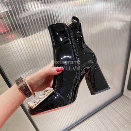 Roger Vivier New Diamond Square Buckle Patent Leather High Heel Boots Black