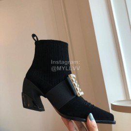 Roger Vivier Winter New Diamond Square Buckle High Heel Boots Black