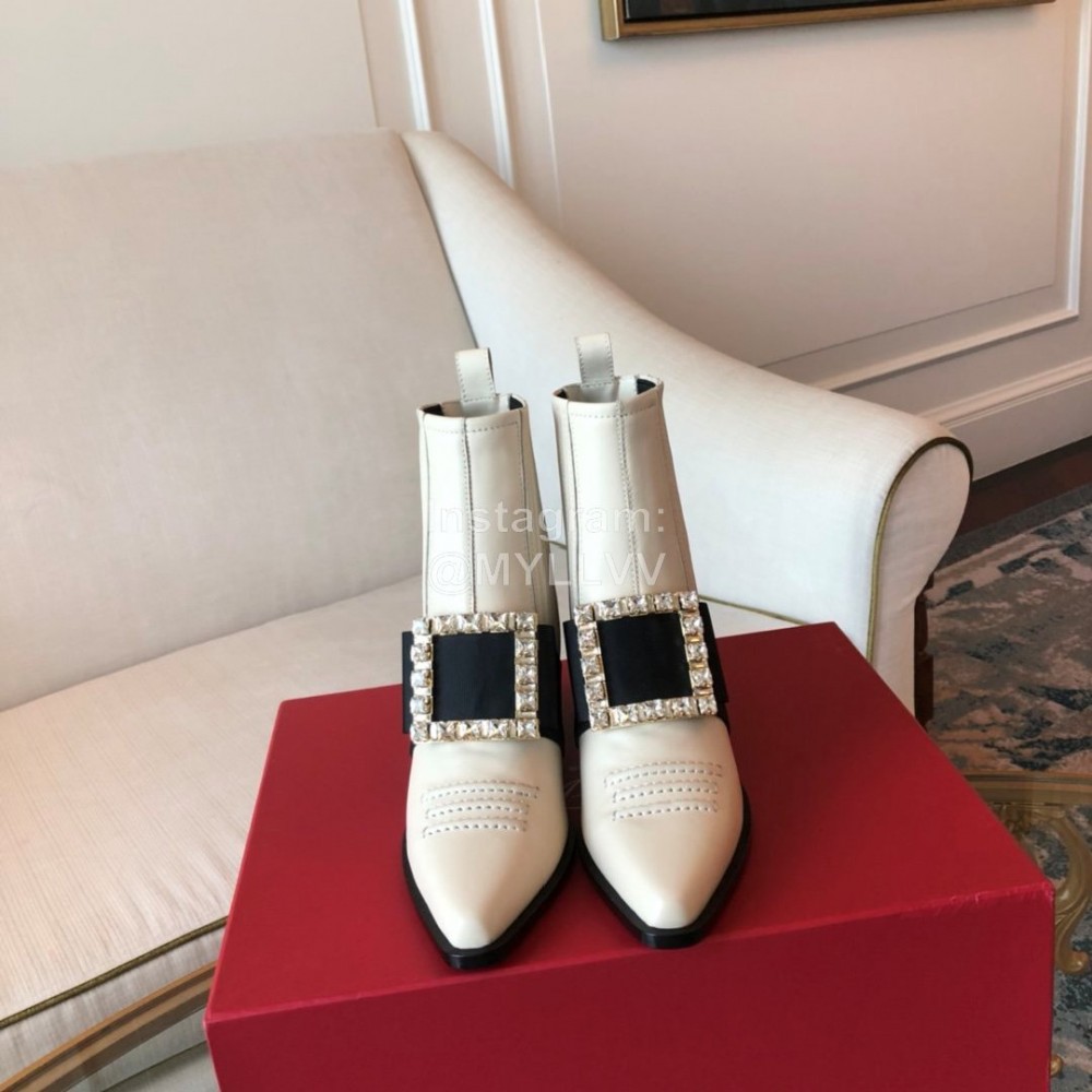 Roger Vivier Winter New Diamond Square Buckle Leather High Heel Boots White