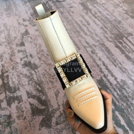 Roger Vivier Winter New Diamond Square Buckle Leather High Heel Boots White