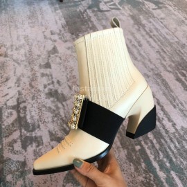 Roger Vivier Winter New Diamond Square Buckle Leather High Heel Boots White