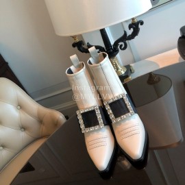 Roger Vivier Winter New Diamond Square Buckle Leather High Heel Boots White