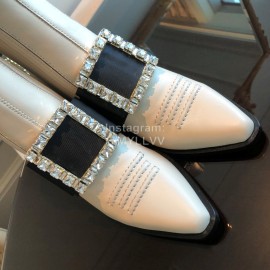 Roger Vivier Winter New Diamond Square Buckle Leather High Heel Boots White