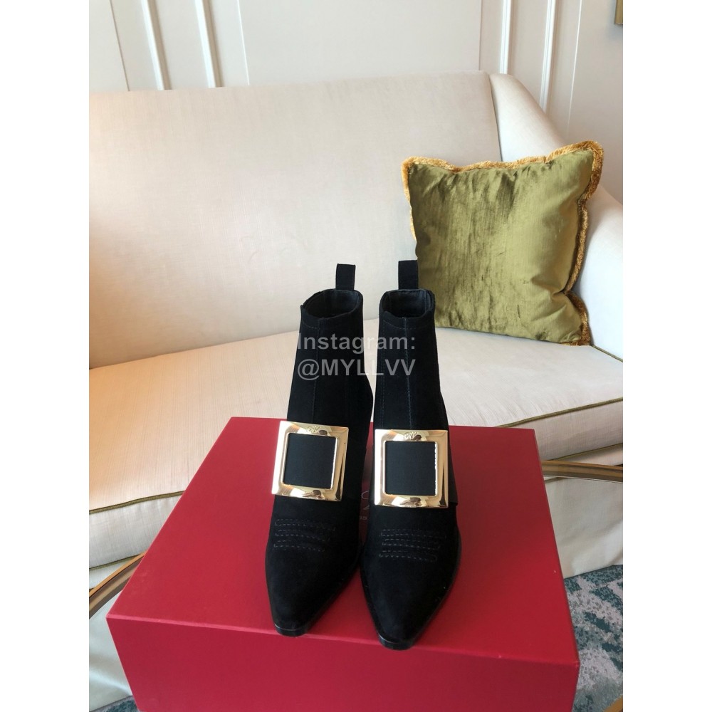 Roger Vivier Winter New Gold Square Buckle High Heel Boots Black