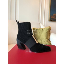 Roger Vivier Winter New Gold Square Buckle High Heel Boots Black