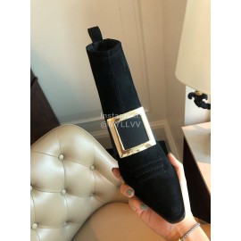 Roger Vivier Winter New Gold Square Buckle High Heel Boots Black