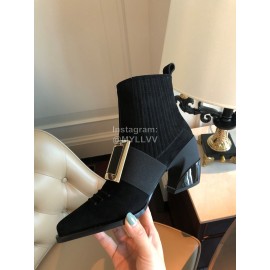 Roger Vivier Winter New Gold Square Buckle High Heel Boots Black