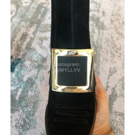 Roger Vivier Winter New Gold Square Buckle High Heel Boots Black