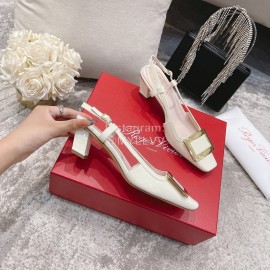 Roger Vivier Patent Leather Thick High Heeled Sandals For Women White