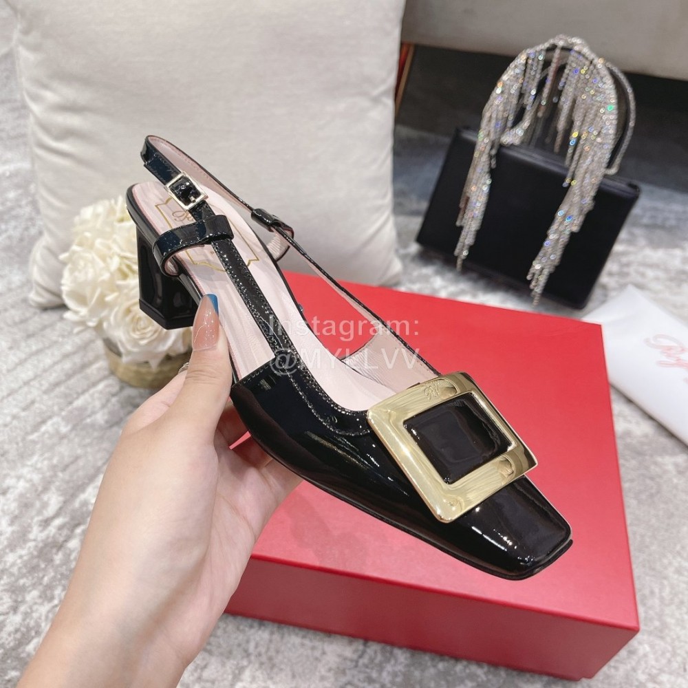 Roger Vivier Patent Leather Thick High Heeled Sandals For Women Black