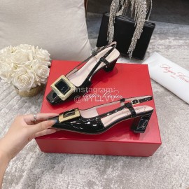 Roger Vivier Patent Leather Thick High Heeled Sandals For Women Black