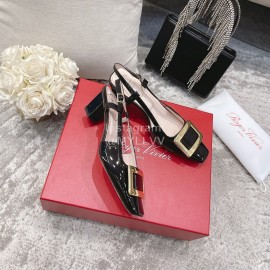 Roger Vivier Patent Leather Thick High Heeled Sandals For Women Black