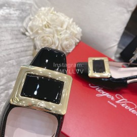 Roger Vivier Patent Leather Thick High Heeled Sandals For Women Black