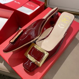 Roger Vivier Patent Leather Thick High Heeled Slippers For Women Wine Red