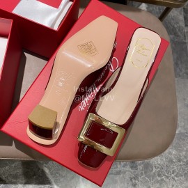 Roger Vivier Patent Leather Thick High Heeled Slippers For Women Wine Red