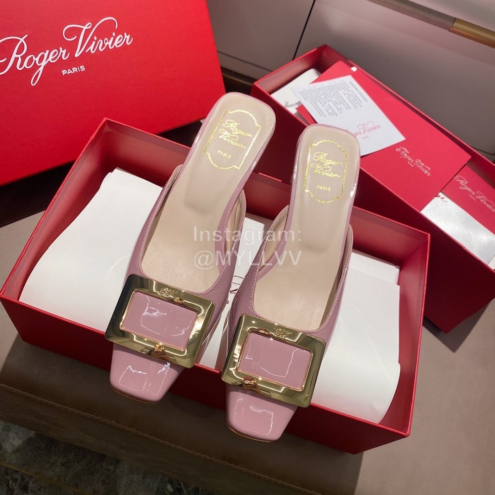 Roger Vivier Patent Leather Thick High Heeled Slippers For Women Pink