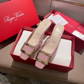Roger Vivier Patent Leather Thick High Heeled Slippers For Women Pink