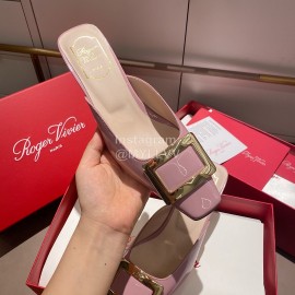 Roger Vivier Patent Leather Thick High Heeled Slippers For Women Pink