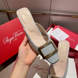 Roger Vivier Patent Leather Thick High Heeled Slippers For Women Blue